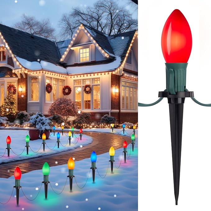 Frosted C9 Christmas Lights Outdoor 25.7 Ft Christmas Pathway Lights with 20 LED Bulbs and Stakes Connectable Christmas Yard Decorations Walkway Sidewalk Holiday Multicolor