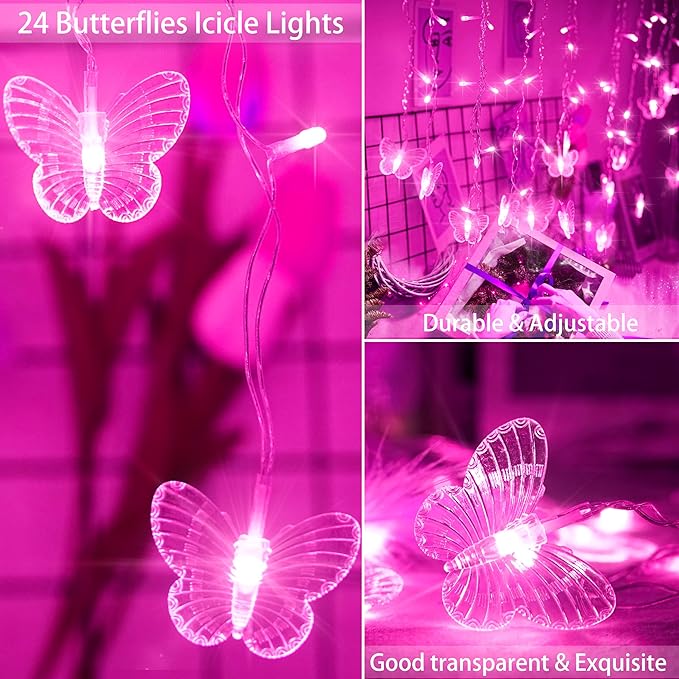 Butterfly Curtain Fairy Lights USB Plug in120 LED 8 Modes 20FT Firefly Twinkle Icicle String Lights with Remote Timer Waterproof Copper Wire for Bedroom Patio Christmas Wedding Party Dorm(Pink)