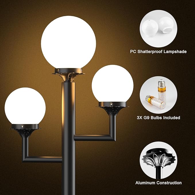 Lightdot 79 Modern Stable Post Lights Outdoor 3-Heads Street Pole Lights IP65 Waterproof Heavy-Duty Aluminum Lamp Posts Outdoor Lighting with 3Pcs 3000K LED Bulbs for Driveway/Garden/Yard