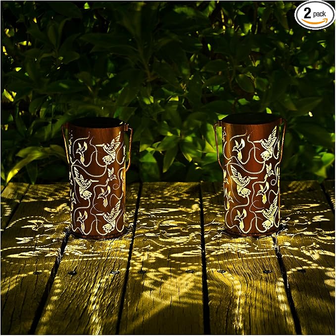 2 Pack Solar Lanterns Outdoor Hanging Hummingbird Decor LanternWaterproof Hollow Out Metal Decorative Garden LightGraceful Decoration for PatioYardLandscapeFestival