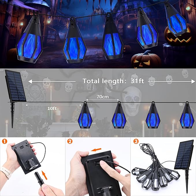 Solar String Lights for Outside 21Ft Solar Patio Lights with 10 Flickering Flame Light Bulbs Waterproof Blue Solar Powered Outdoor Lights for Garden Yard Patio Gazebo Bistro Cafe Porch Party Decor