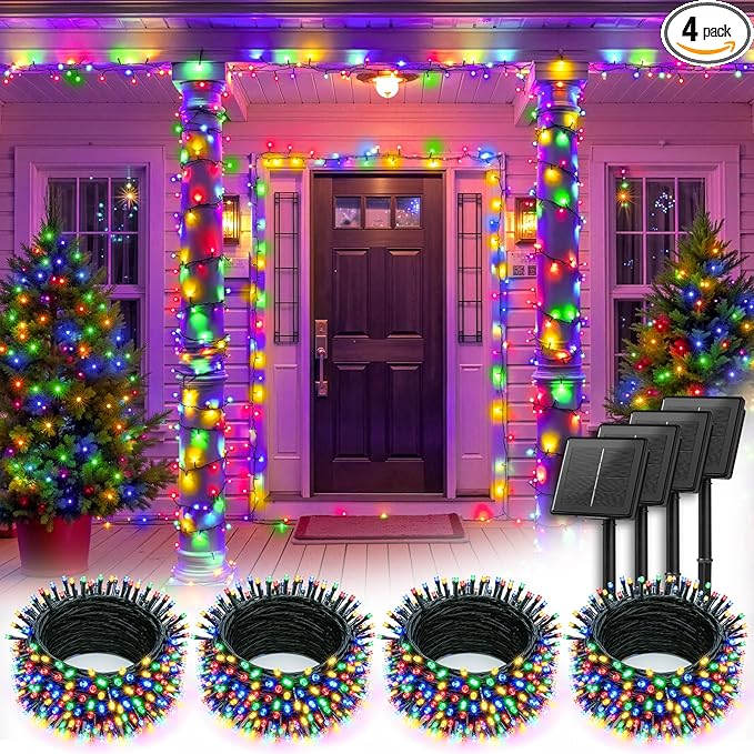 Brightown 4 Pack Solar String Lights Outdoor Total 288Ft 800 LED Twinkle Fairy Lights Waterproof with 8 Modes Auto On/Off for Patio Tree Garden Party Home Wedding Christmas Decorations (Multicolor)