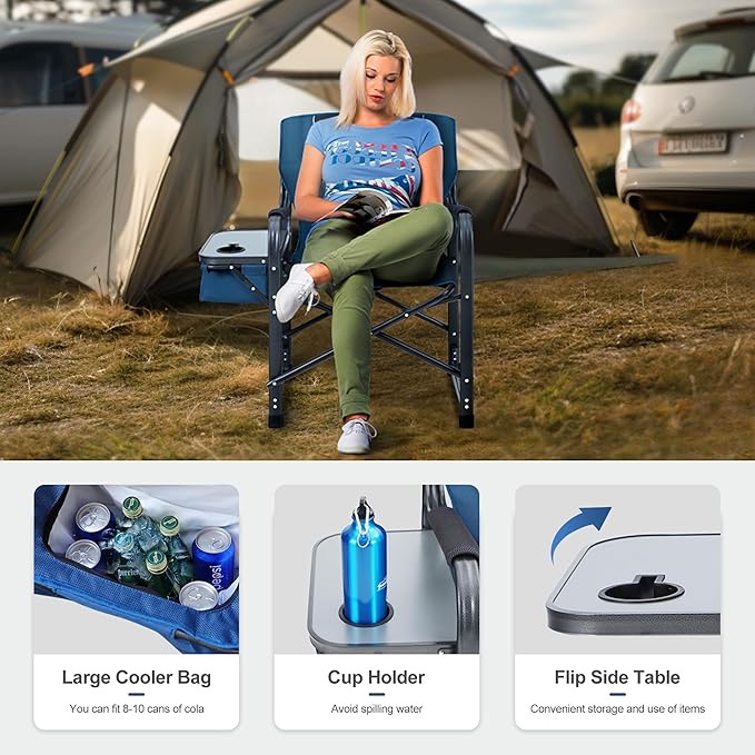 LET'S CAMP Oversized Folding Director Chair Outdoor Heavy Duty Camping Chair with Side Table and Cooler Bag for Picnic Hiking Fishing Supports 350LBS