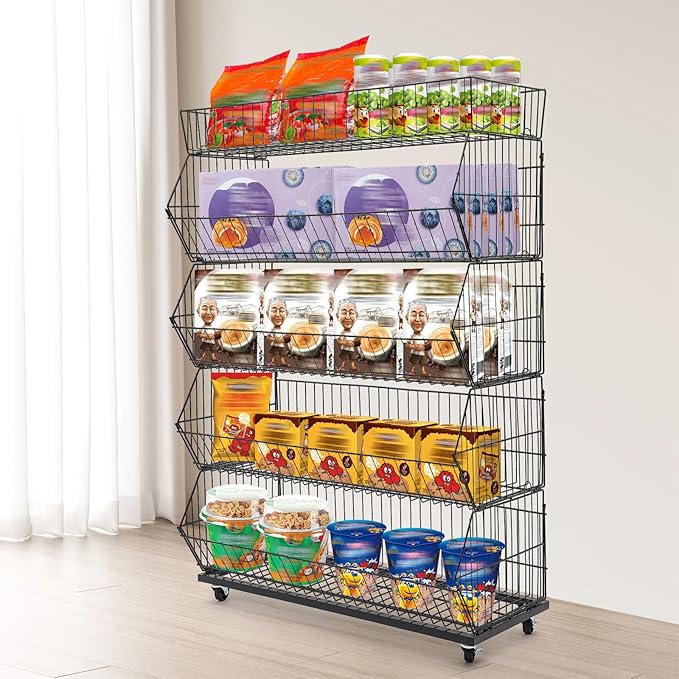 5-Shelf Retail Display Wire Shelving with Wheels and Hook Heavy-duty Metal Snack Display Organizer Retail Shelf for Supermarket Grocery Store Home Kitchen