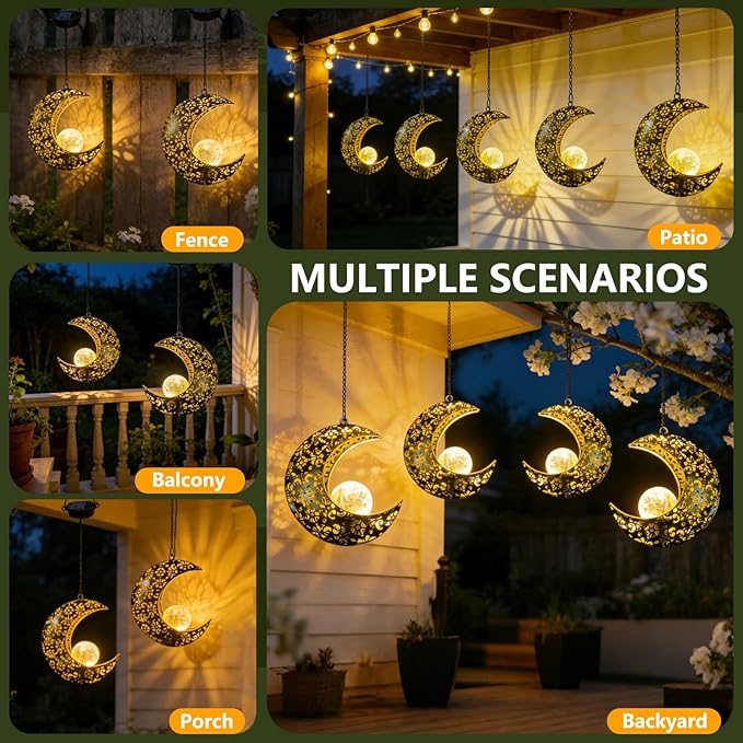 Solar Garden Hanging Moon Lights Outdoor Decor2 Pack Metal Lanterns Art Decorations for Outside Yard Lawn Patio Wall Fences Driveway TrailUnique Housewarming Gardening Gifts for Women Mom