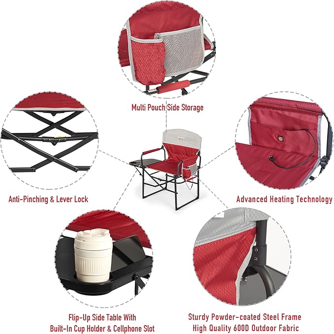 SUNNYFEEL Heated Camping Directors Chair Heavy DutyOversized Outdoor Portable Heating Folding Chair with Side Table Pocket for Beach FishingTripPicnicLawnConcert Foldable Camp Chairs