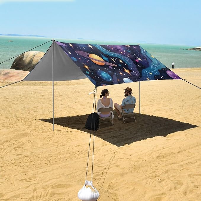 Cartoon Galaxy Beach Tent Sun Shelter 9.2' x 10.5' Beach Canopy with 4 Sandbags 4 Stability Poles Sand Shovels - Tent Canopy for Beach Camping Fishing Picnics