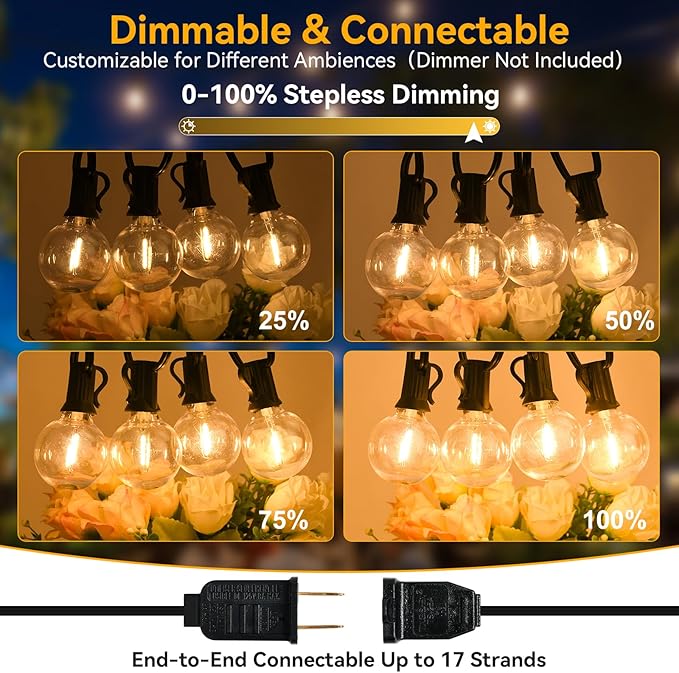 100ft Outdoor String Lights Waterproof/Connectable/Dimmable with 52 LED Shatterproof Bulbs2-Pack 50ft UL Listed Globe G40 String Lights Outside Lighting for Patio Backyard Cafe Party Wedding Garden