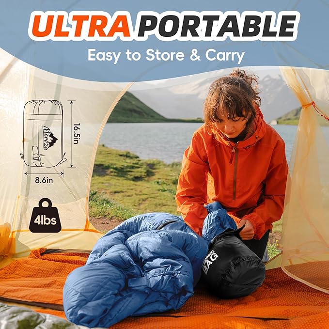 MEREZA Sleeping Bags for Adults Cold Weather Mens Warm Sleeping Bag for Big and Tall Girls Boys with Compression Sack for 3-4 Season Camping Backpacking Hiking