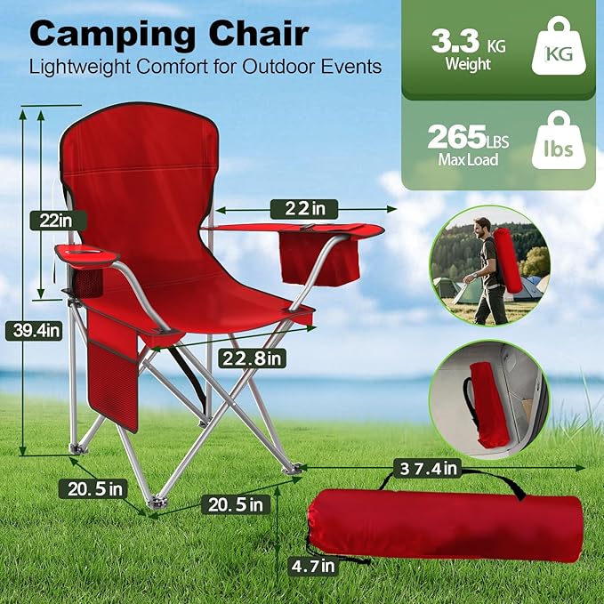 Folding Camping Chairs Durable 600D Oxford Portable Outdoor Chair with Cooler Pouch Cup Holder &amp Storage Pocket for Camping Beach Fishing