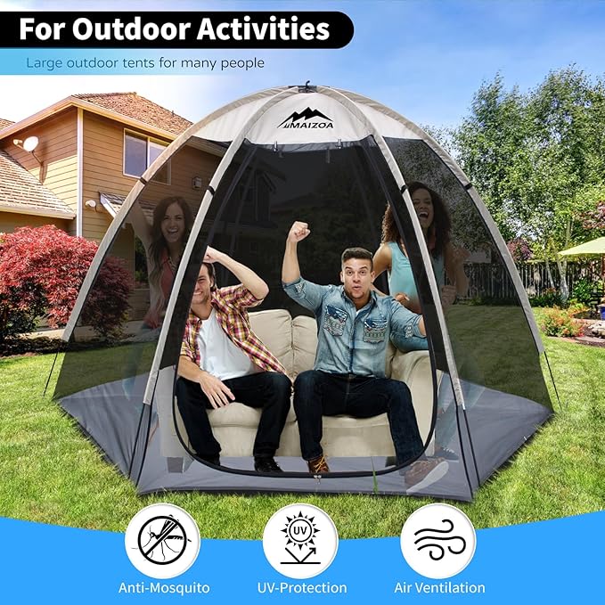 Screen House Tent 8 x 7 Ft Mesh Net Outdoor Camping Screen Room Sun Shade Gazebo Shelter Perfect for Family Picnic Backyards Campfire Barbecue and Party (Beige with Floor mat)
