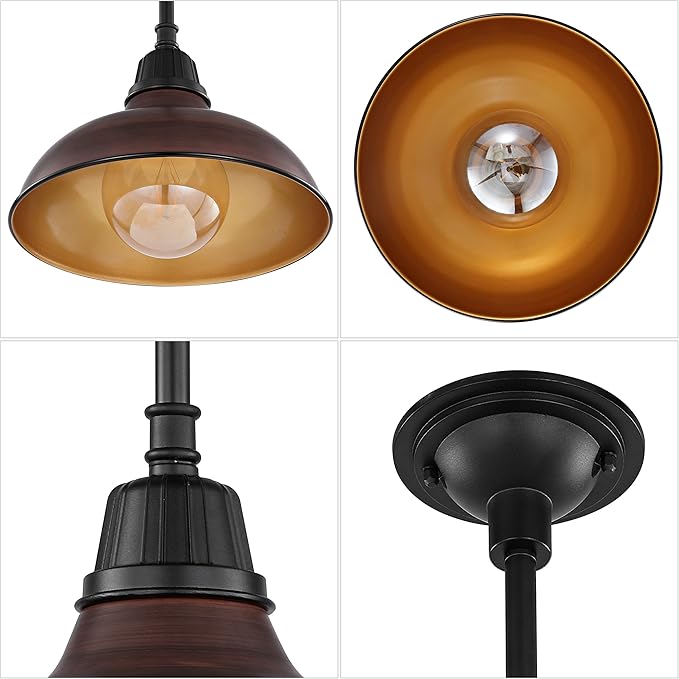 JONATHAN Y 12.25 Wood Finish/Copper Farmhouse Indoor/Outdoor LED Pendant Iron Hanging Light and Black 1-Light Metal Shade Rustic Ceiling Lamp for Kitchen Island LED Bulb Included (JYL7611G)