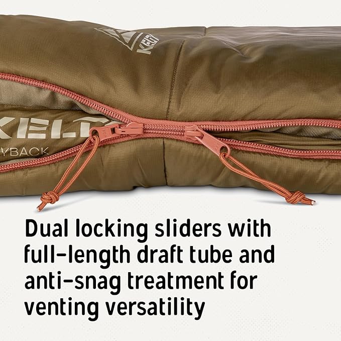 Kelty Wayback Flannel Lined Sleeping Bag Built in Blanket Traditional Rectangle Shape Organic Flannel Cotton Liner Dual Locking Slide Zips