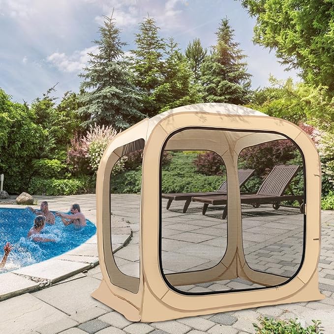 DoCred Screen House Tent Pop-Up 6 x 6 FT Portable Screen Room Canopy Instant Screen with Carry Bag for Patio Backyard Deck &amp Outdoor Activities Beige