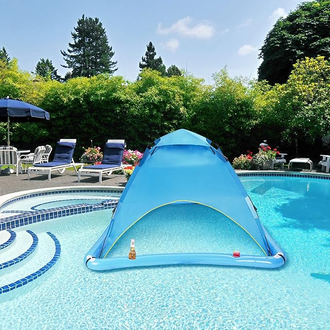 Sun Shade Sails for Swimming Pool2 Person Automatic Pop Up Pool Spa Sun ShelterUPF 50+ UV Protection and Waterproof Floating Shade Tent for Pool and Lake with Carry Bag (Blue New)
