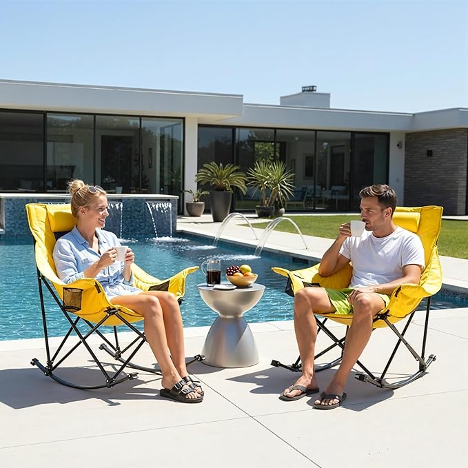Oversized Rocking Camping Chair for Adults with Headrest Portable Rocking Chair with Cup Holder Side Pocket &amp Carry Bag 400 lbs Heavy Duty Outdoor Rocker Chair for Camp Patio Yellow