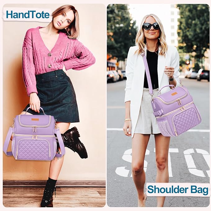 Lunch Bags for Women Dual Compartment Lunch Box Lunch Bag for Work Leakproof Lunch Cooler Large Insulated Lunchbox for Adult for Women Men Lunchbag for Picnic Beach (Purple)