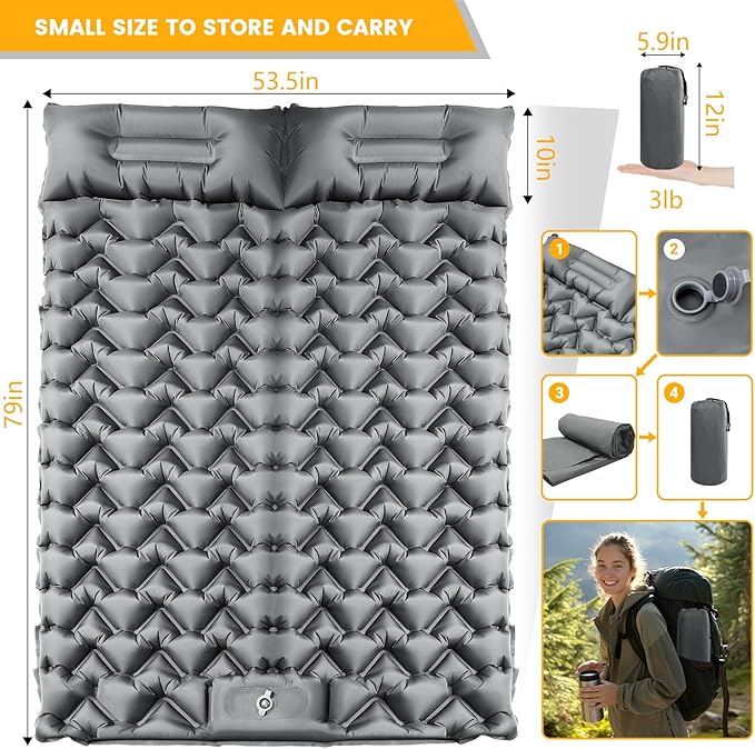 Double Sleeping Pad for Camping 4 Extra-Thick Ultralight Mat with Built-in Foot Pump &amp Pillow for Backpacking Hiking and Travel Tent Car Camp Gear