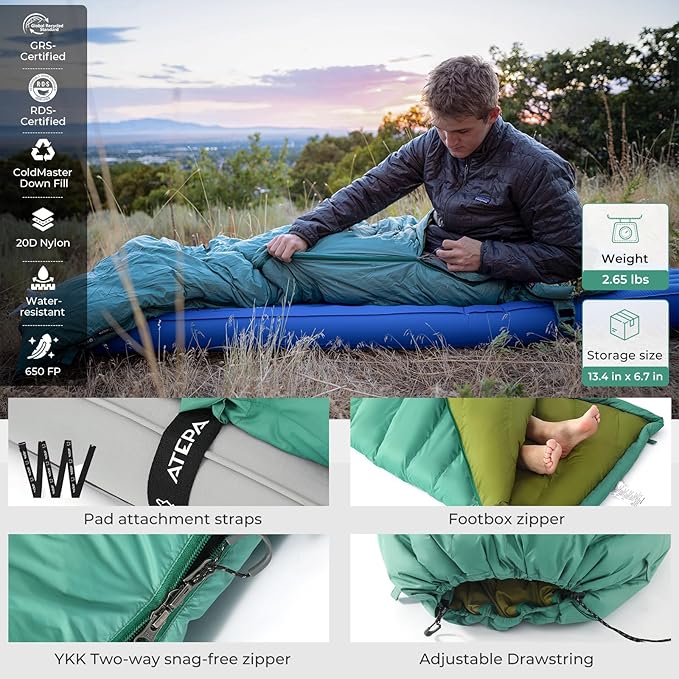ATEPA 3-in-1 Hybrid Down Sleeping Bag for Adults Lightweight 3 Season Wearable Backpacking Sleeping Bag with Pad Attachment &amp Compact Compression Sack for Spring Summer Fall Car Camping 30°F 45°F