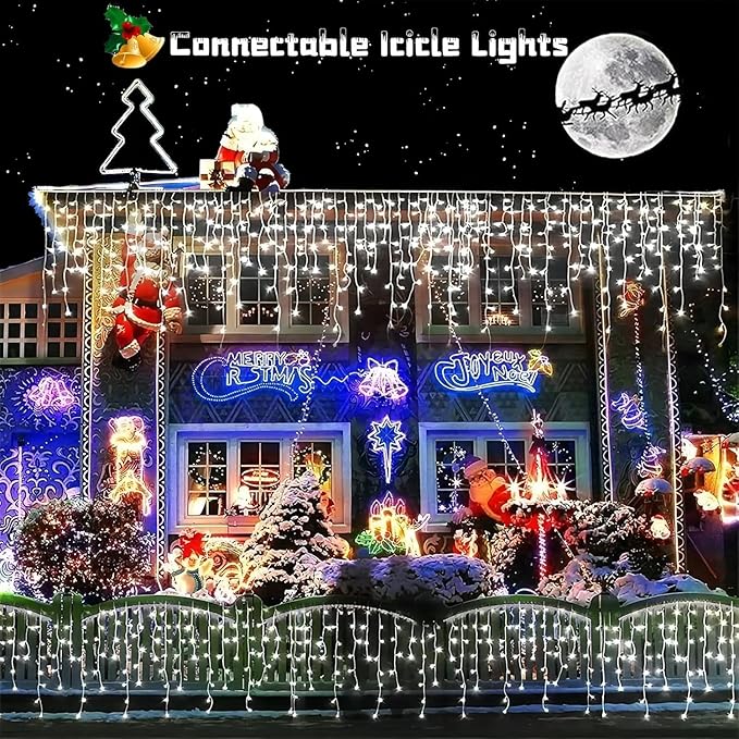 YEGUO 66ft 800 LED Icicle Lights Outdoor Waterproof 160 Drops Icicle Christmas Light Connectable 8 Modes White Icicle Xmas Lights with Timer Memory