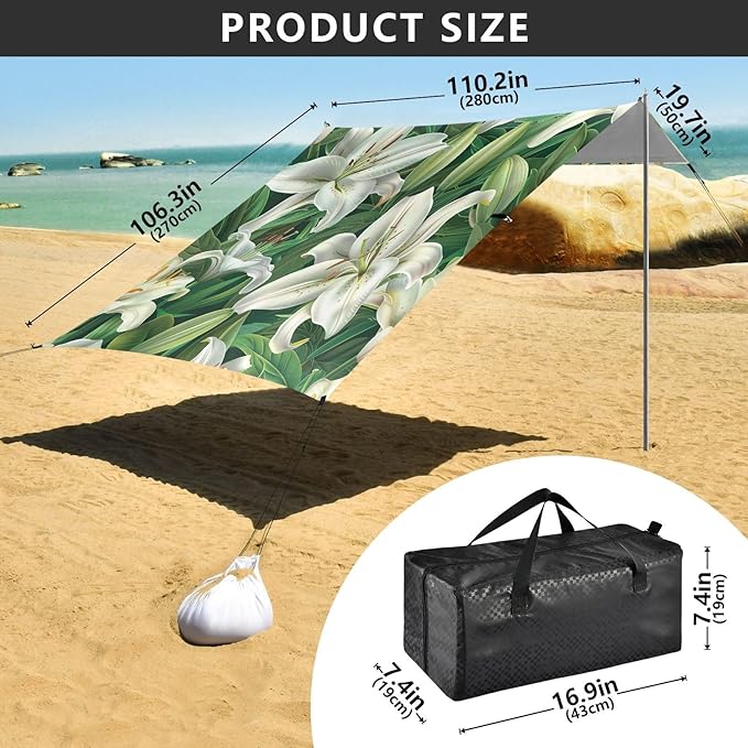 White Lilies Beach Tent Sun Shelter 9.2' x 10.5' Beach Canopy with 4 Sandbags 4 Stability Poles Sand Shovels - Tent Canopy for Beach Camping Fishing Picnics