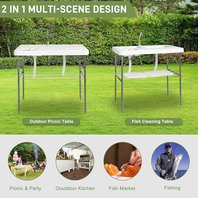 Outvita Folding Portable Camping Sink Table with Sink Faucet Drainage Hose &amp Grid Rack White