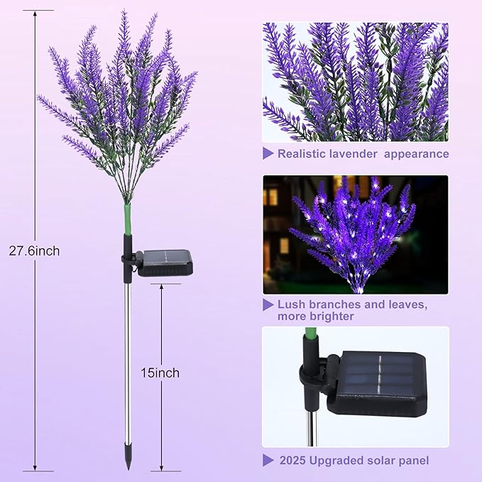 6 Pack Lavender Solar Garden Lights – Outdoor Waterproof Solar Flowers with LED Solar Powered Garden Décor for Pathway Yard Patio Lawn Halloween &amp Seasonal Decoratio