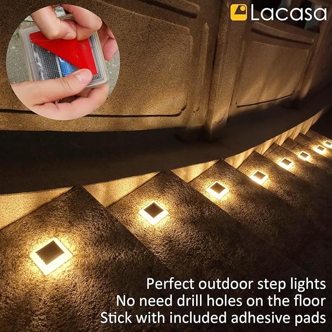 Lacasa Solar Deck Lights 8 Pack 30LM LED Dock Lights Warm White 2700K Outdoor Solar Powered Step Lights Light up All Night IP68 Waterproof Auto ON/Off for Garden Stairs Driveway Pathway Lighting