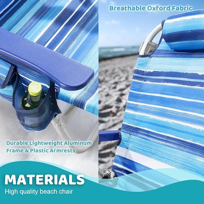 LEMBERI Backpack Beach Chairs for Adults1/2 Pack Folding Heavy Duty Camping Chair with Large Pockets and Cup HolderAdjustable high Beach Lounge Chairs with Towel Rack for OutdoorTravel (2 Blue)