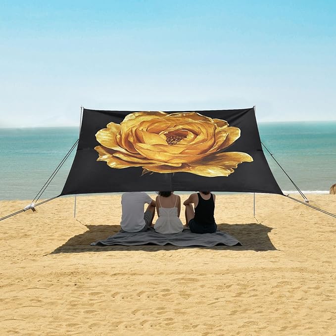 ALAZA Gold Rose Flower Beach Tent Sun Shelter UPF50+ Protection Beach Shade Canopy w/ 4 Sandbags for Outdoor Camping Fishing Backyard Fun Picnic 10x9 ft