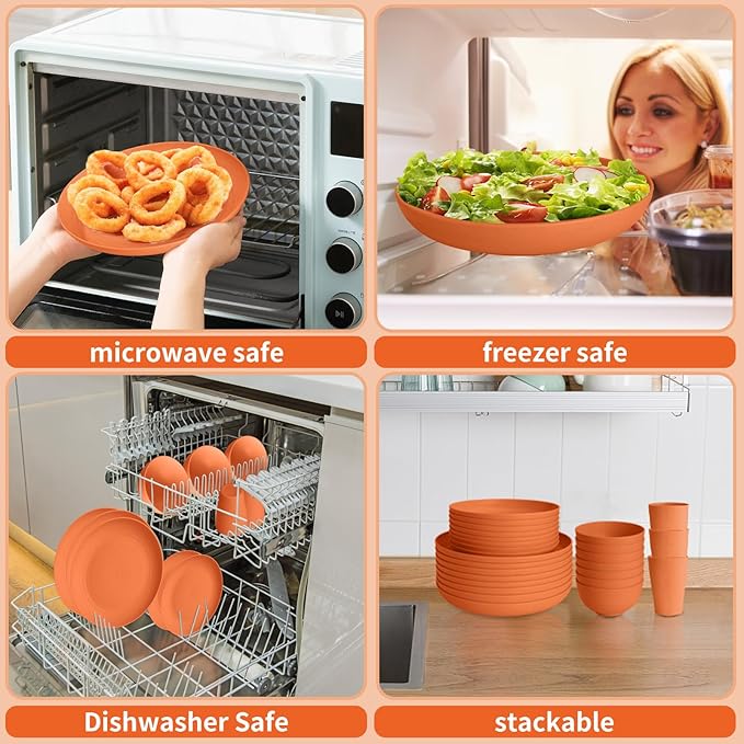 Orange Plastic Dishes Set for 8 includes Dinner PlatesPasta BowlsSoup Bowls and Drinking CupsUnbreakable Orange Plastic Plates Set Microwave Dishwasher Safe For Thanksgiving Dinnerware Sets32PCS