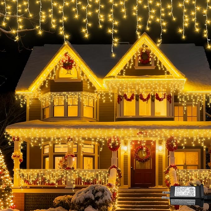 YEGUO 66ft 800 LED Icicle Lights Outdoor 160 Drops Icicle Christmas Light Connectable 8 Modes Warm White Xmas Icicle Lights with Memory Timer