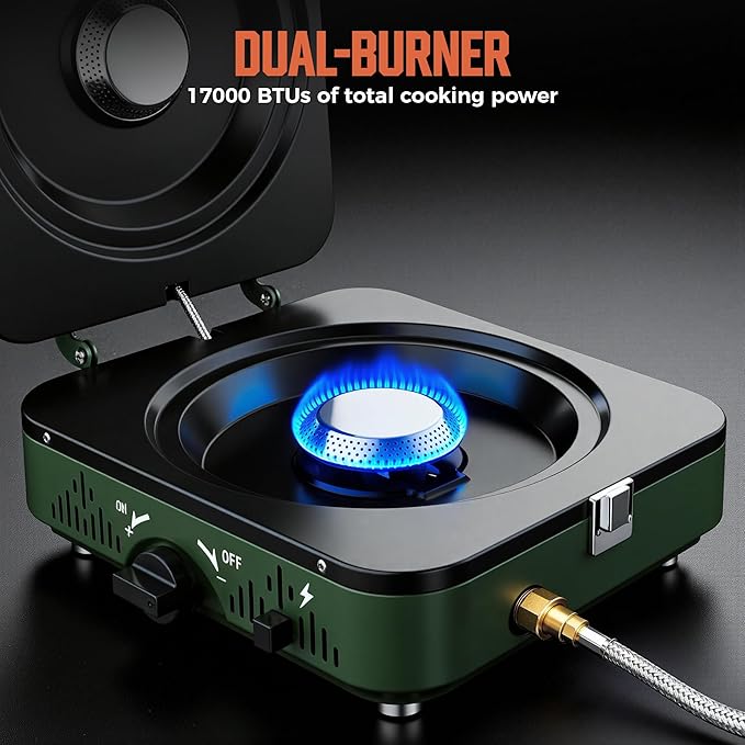 BIG HORN OUTDOORS 2 Burner Propane Camping Stove Portable Camp Stove Folding Gas Stove Includes Frying Pan &amp Carry Bag for Camping Emergency Use and Outdoor Cooking