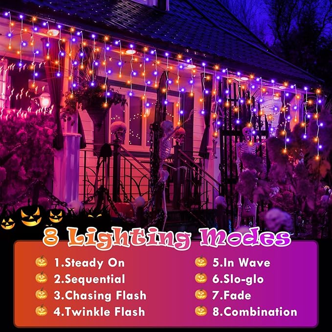 Heceltt 131FT 1280LED Halloween Lights DecorationOrange Purple Led String Lights Outdoor with 240 Drops8 Lighting ModesTimer Memory Function for Halloween Night Party Fence Yard Roof Decor