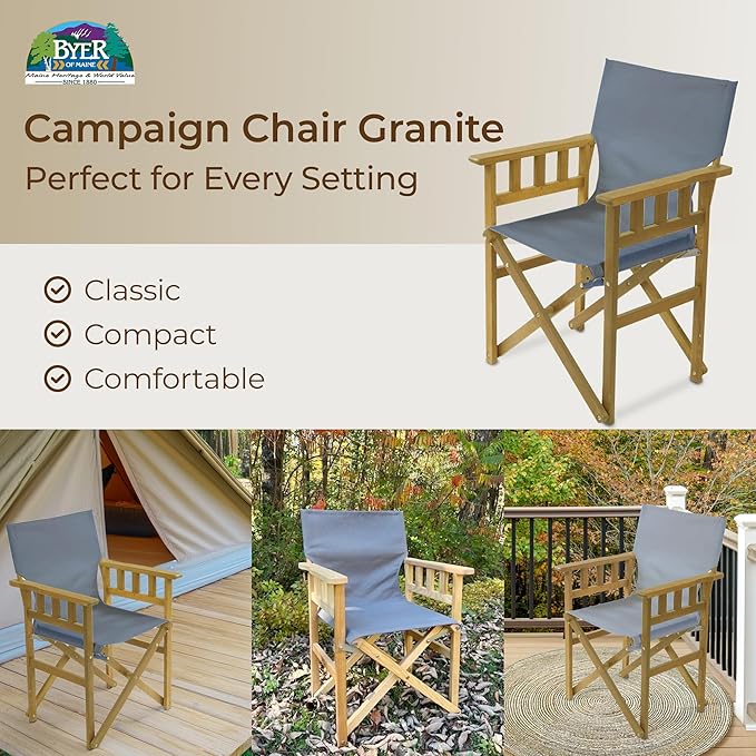 BYER OF MAINE Pangean Campaign Chair Portable Ash Wood Folding Chair with Heavy-Duty Canvas Seat Material. Ideal Patio Deck &amp Camping Seat 20″D × 23″W × 36″H 250 lbs Capacity in Granite