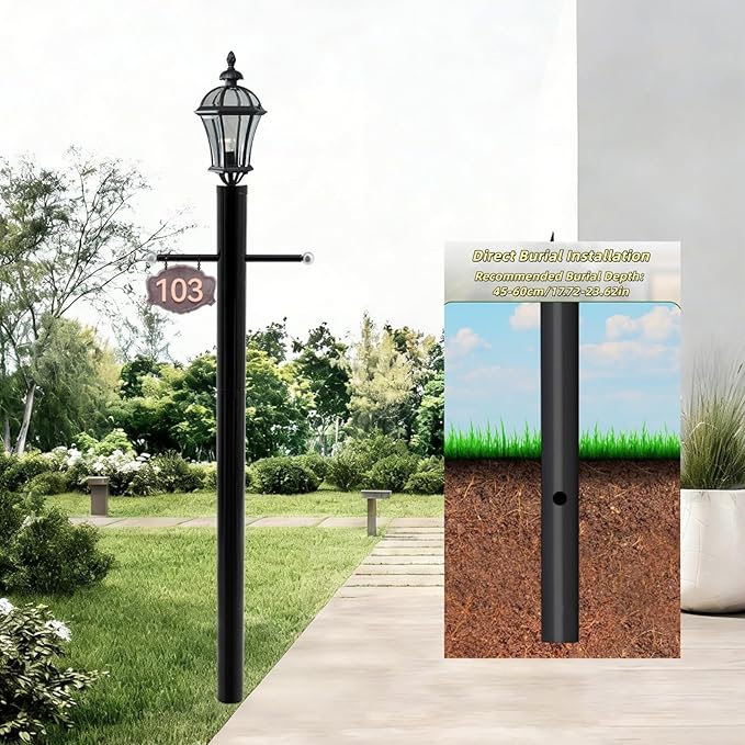 8FT Direct Burial Lamp Post Split Street Light Pole with Cross Arm Lighting Post Fixtures for Pathway Courtyard Parking Lot Fits Standard 3 Post Top Fixtures (8FT 76mm Direct Burial)