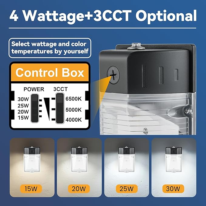 30W LED Wall Pack Light with Dusk to Dawn Photocell 4Pack 3CCT 4000/5000/6500K 15/20/25/30W Selectable LED Wall Lights Outdoor Security Lighting for House Garage Yard Garden 100-277VAC ETL Listed