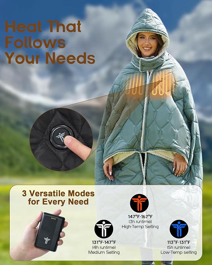 Heated Blanket Hoodie Battery Operated for Camping 12V Cordless Heating Blanket with 15000mAh Battery Electric Blanket Throw Shawl with 3 Heating Levelsfor Shoulder and Neck Machine Washable
