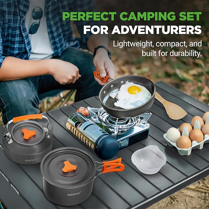 NutriChef Camping Cookware Set - Lightweight Nonstick Pots Pans Utensils Bowls Cutlery and Cleaning Tools with Mesh Bag Foldable Handles Compact Outdoor Cooking Gear for Hiking &amp Travel (Gr