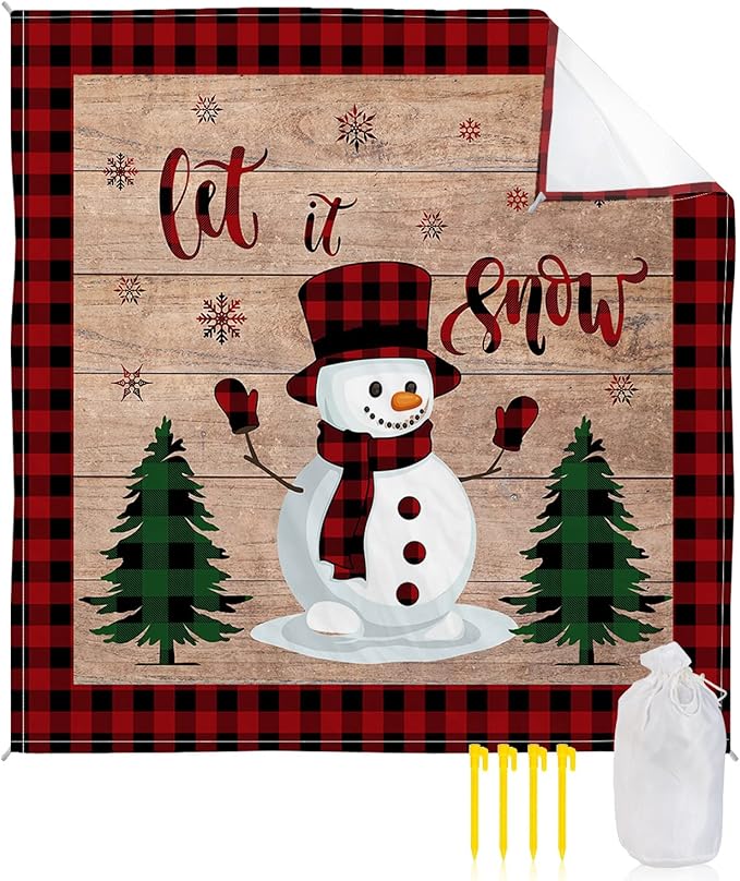 Beach Blanket Waterproof Sandproof OversizedChristmas Cute Snowman Tree Winter Snowflake Beach Mat with Corner Stakes Sand PocketsRed Buffalo Plaid Retro Plank Picnic Mat for Travel 83x79In