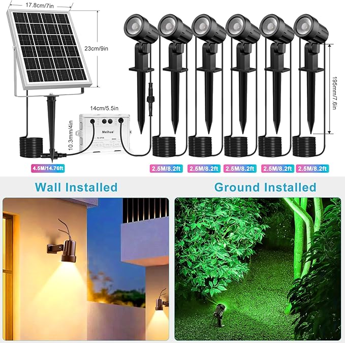 MEIHUA Solar Spot Lights Outdoor Color Changing 6 in 1 Solar Landscape Lighting RGB Spotlights with Remote Control IP66 Waterproof Solar Lights Outdoor Garden for Pathway Yard Pool Tree
