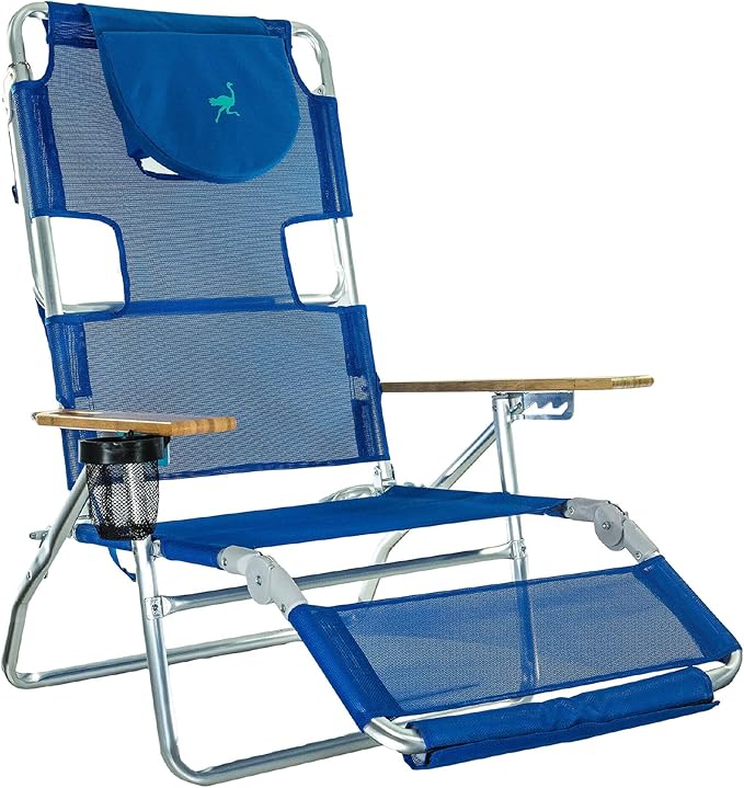 Ostrich 3N1 Lightweight Aluminum Frame 5-Position Reclining Beach Chair and Ladies Comfort On-Your-Back Outdoor Beach Chair with Backpack Strap Blue