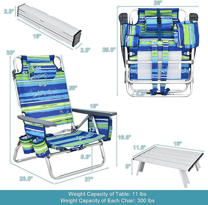S AFSTAR Folding Beach Chair Set 2 Pack Folding Chair and Aluminum Small Table 5-Position Adjustable Camping Chairs with Ice Bag Comfort Pillow 3 PCS Backpack Recline Beach Chairs (Blue+Green)