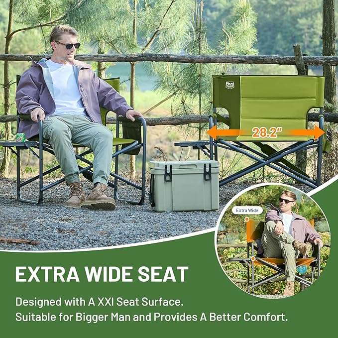TIMBER RIDGE XXL Director’s Chair – Heavy Duty Folding Chair with Side Table 500 lb Capacity Extra Wide Padded Seat for Camping Sports Beach Patio and Outdoor Use Green-2 Pack