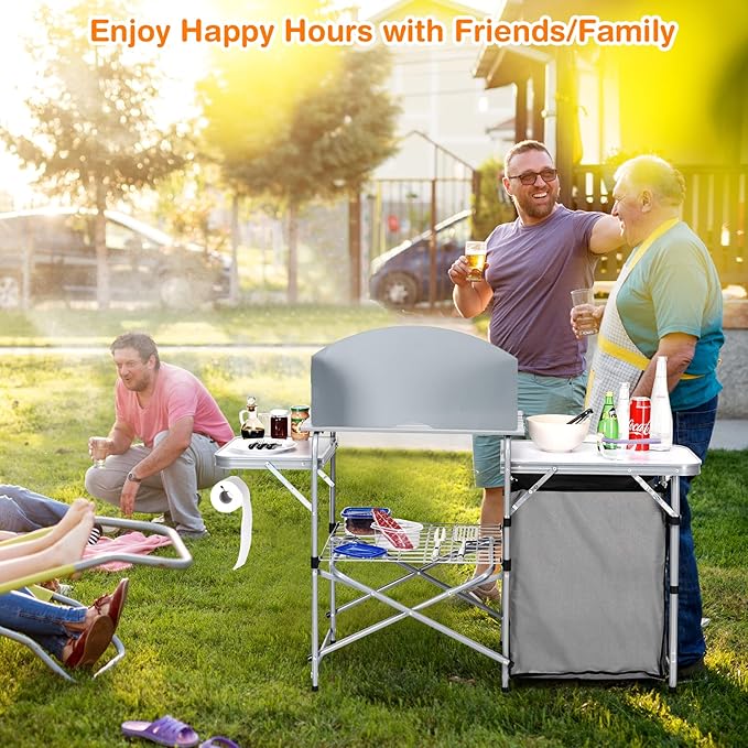 Tangkula Folding Camping Kitchen Table Aluminum Portable Camping Grill Table with Windscreen Cook Station Outdoor Quick Set-up Camp Cook Table with Storage Organizer Shelves Carry Bag