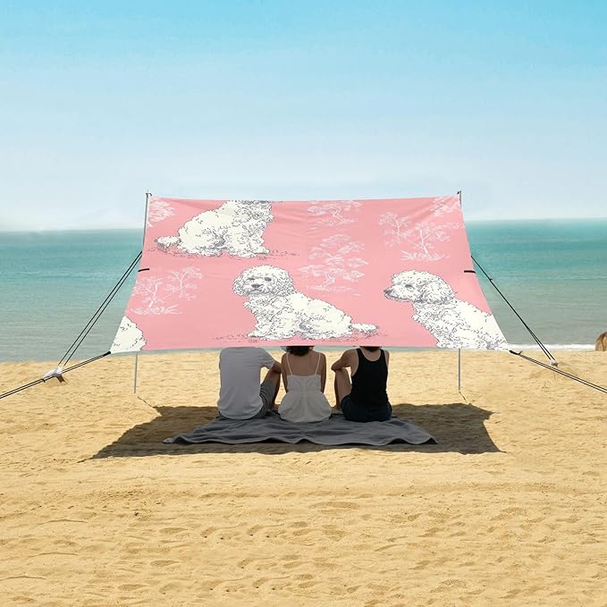 White Poodles Beach Tent Sun Shelter 9.2' x 10.5' Beach Canopy with 4 Sandbags 4 Stability Poles Sand Shovels - Tent Canopy for Beach Camping Fishing Picnics