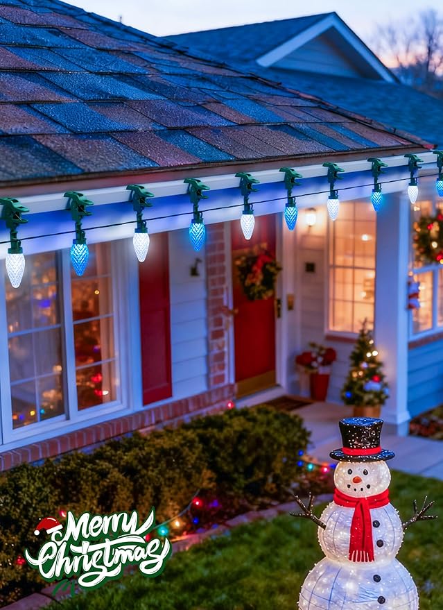 C9 LED Christmas Lights Outdoor 99 Feet 150 LED String With 150 Spring Clips Waterproof Connectable Christmas Tree Lights for Outside Roofline Patio Home Xmas Decor Blue &amp Pure White