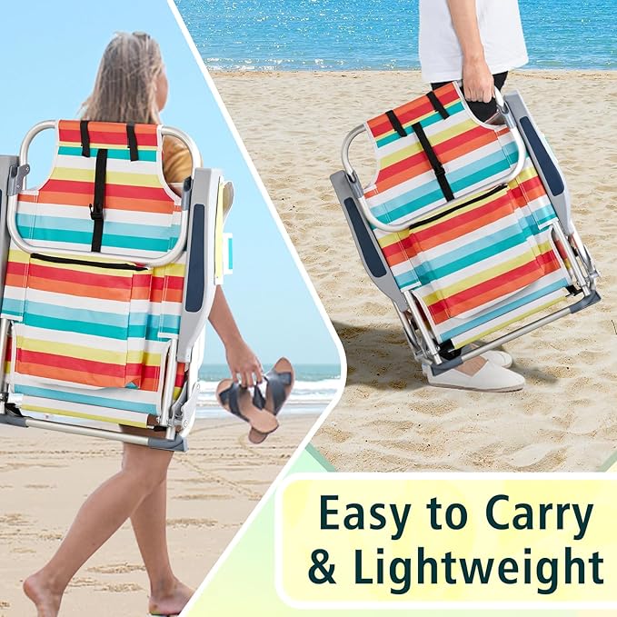 Folding Beach Chair Lightweight Folding Webbed Lawn Beach Chair for Adults with Headrest and Cup HolderLow Beach Chair 5 Position Lay FlatOutdoor ChairCollapsible ChairsRainbow Stripes
