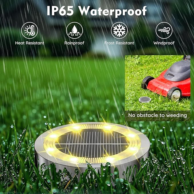 Solar Ground Lights Outdoor 8 Pack Solar Lights Outdoor Waterproof Mini Flat Solar-Powered Garden Light Landscape Lighting for Garden Yard Lawn Pathway Walkway Driveway Backyard Decor Warm White