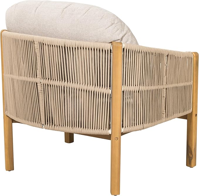 Outdoor Wood Club Chair Beige Rope with Beige Cushion
